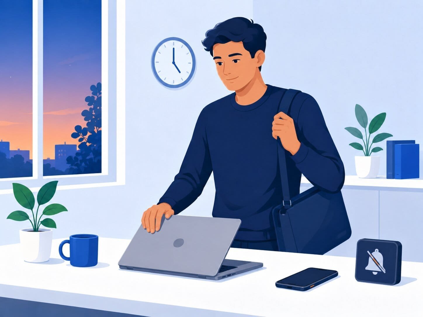 Person closing laptop at the end of the workday with phone muted to show after-hours work boundaries