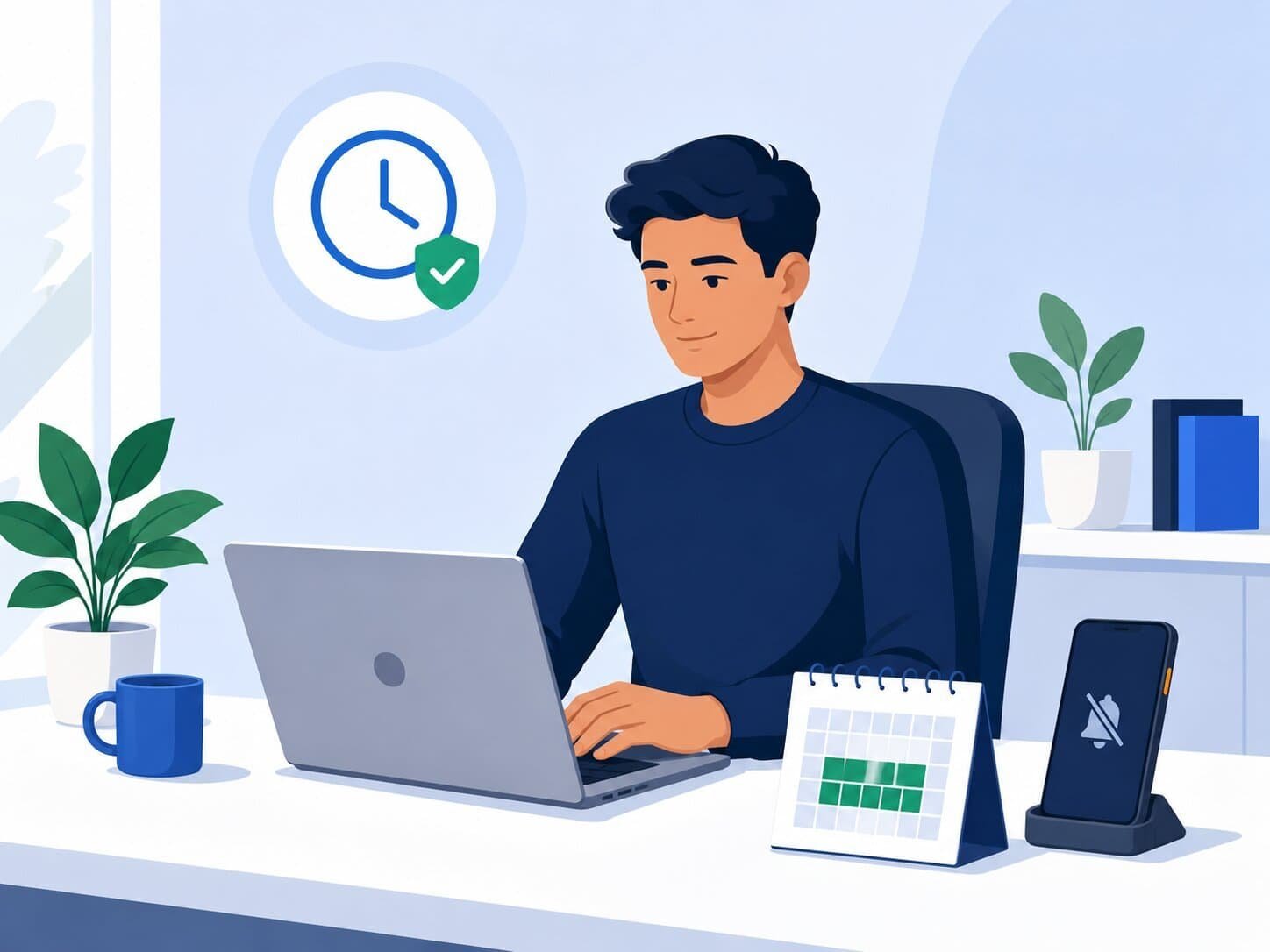 Person working calmly at a desk with muted phone and calendar blocks showing healthy work boundaries