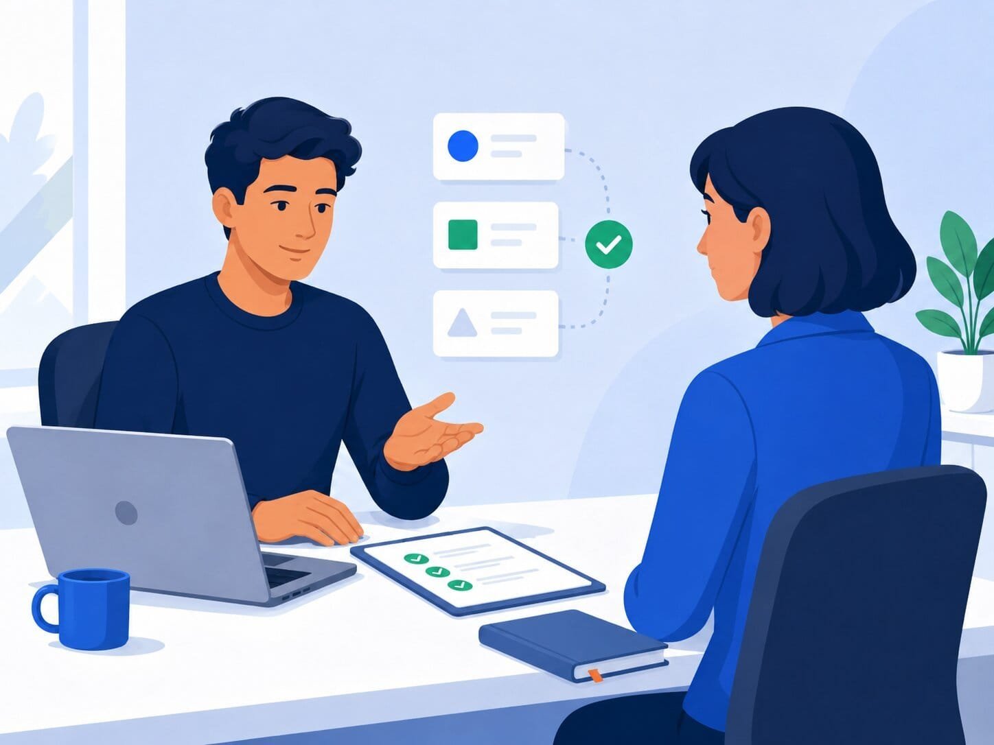 Two coworkers discussing task priorities and workload boundaries during a calm workplace conversation