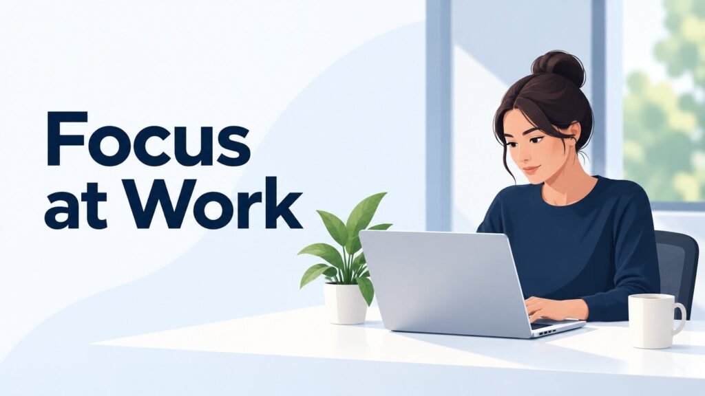 Illustration with the heading “Focus at Work,” showing a woman concentrating on work at a laptop beside a small plant and mug.