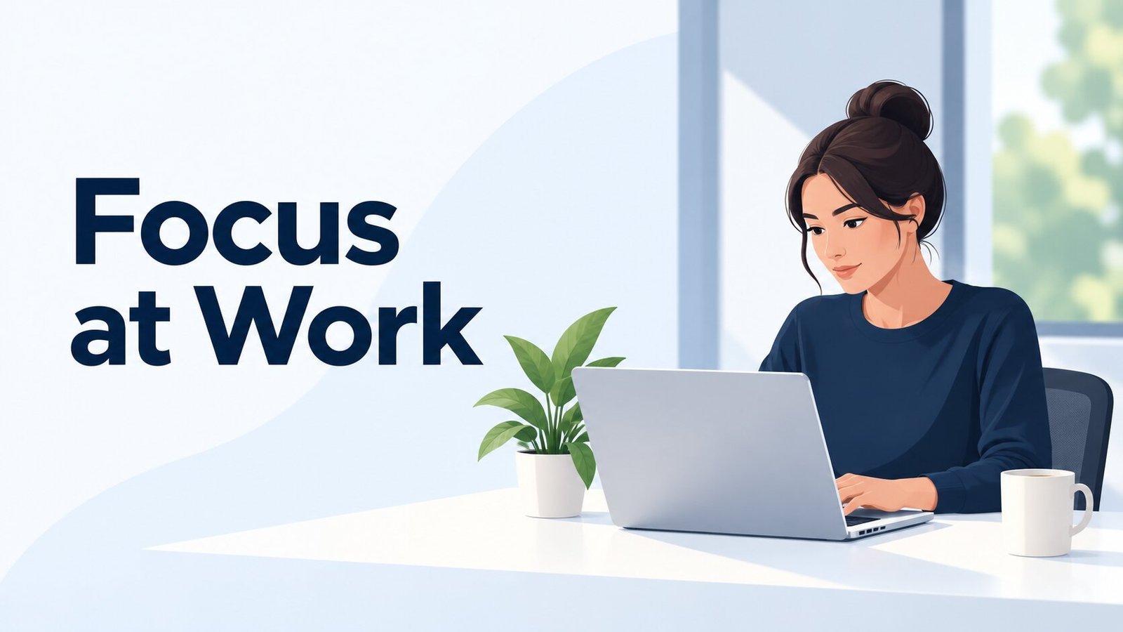 Illustration with the heading “Focus at Work,” showing a woman concentrating on work at a laptop beside a small plant and mug.